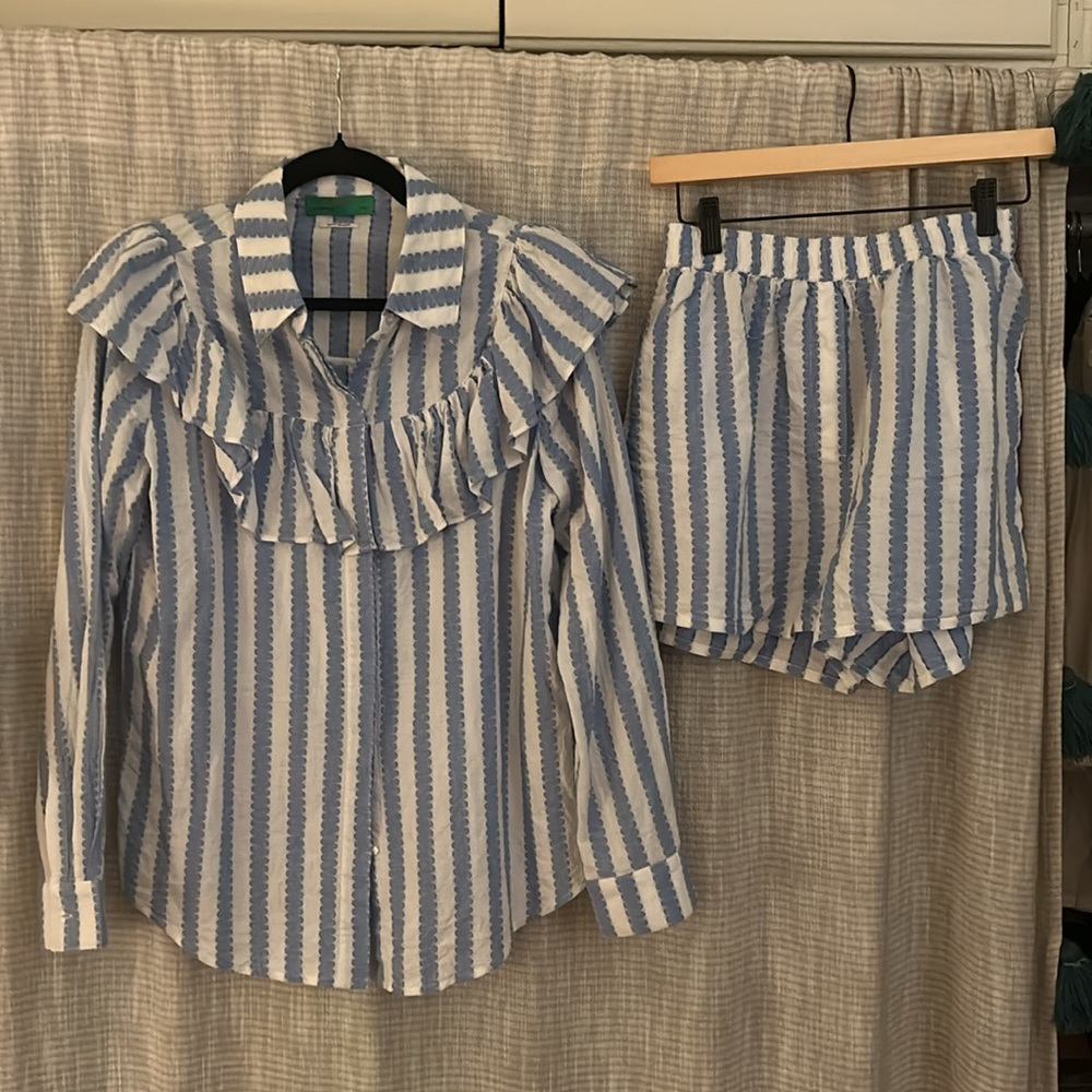 Clare V Ruffled Bib Collar Button Down Shirt and Short SET